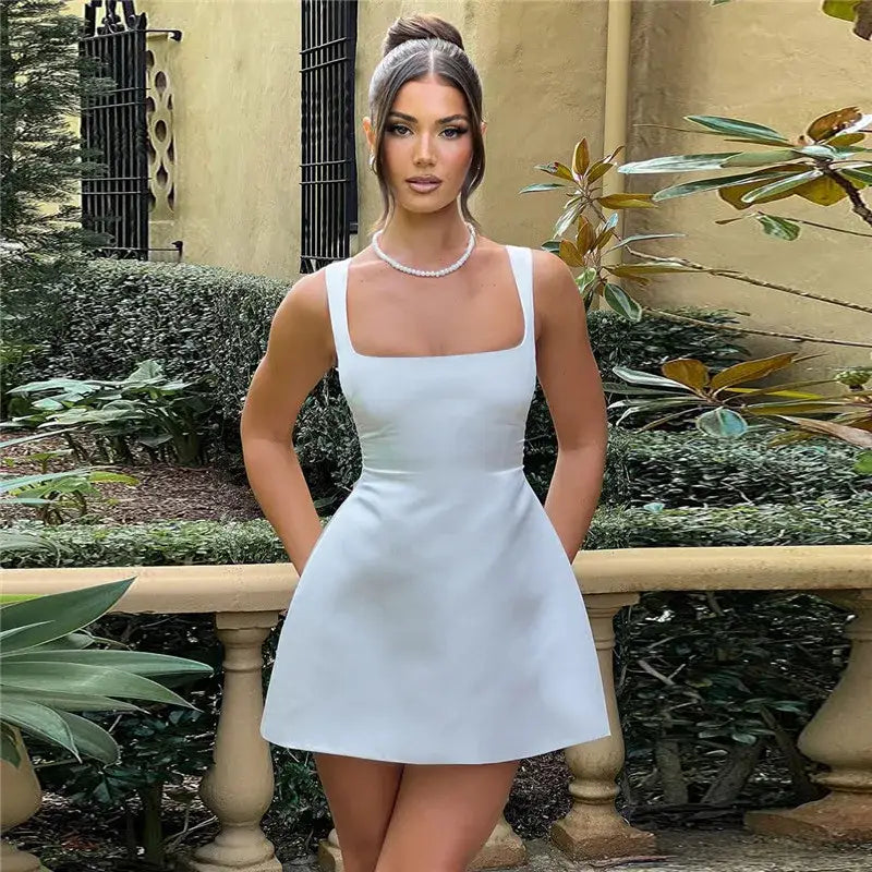 Satin Square Collar Mini Dress – Lace-Up Backless Clubwear - Mini Dresses