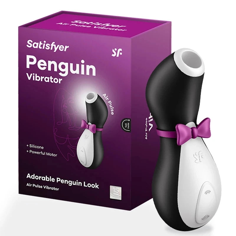 Satisfyer Penguin black white silicone nipple and clitoral suction vibrator with purple bow and retail box