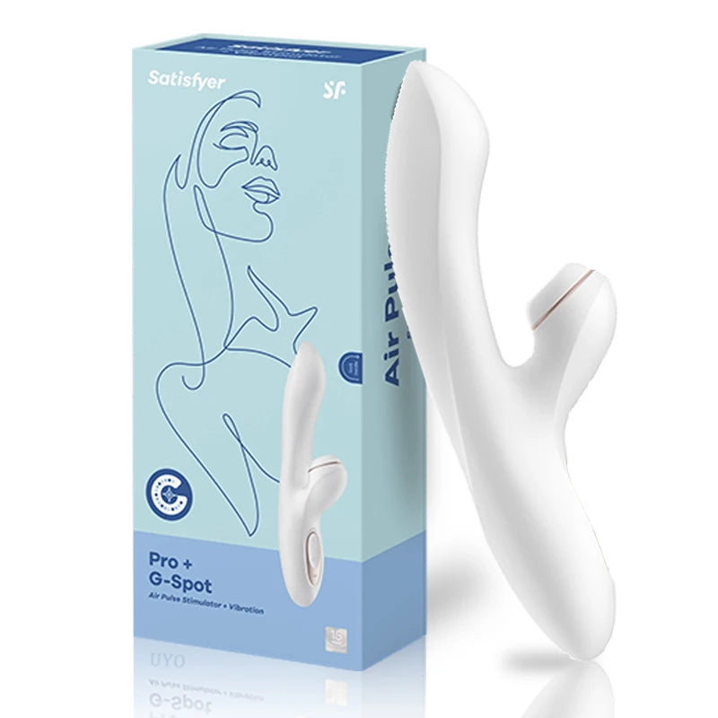 Satisfyer Pro + G-Spot Waterproof Dual-Stimulation Sucking Vibrator with ergonomic design in white packaging