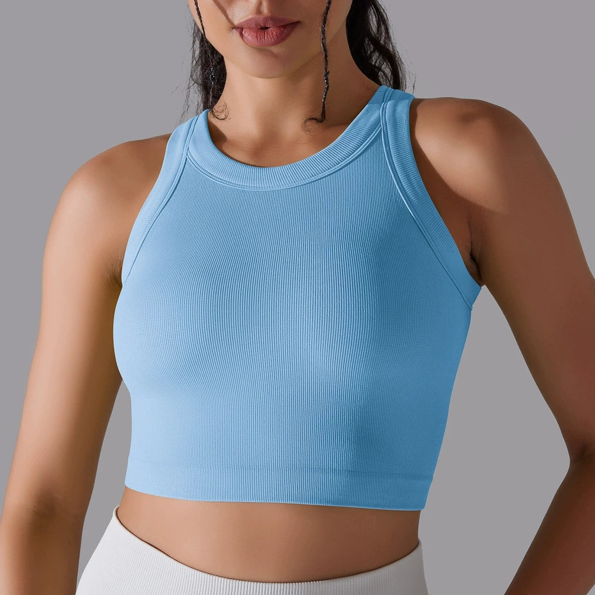 Sky Blue Seamless Sports Vest for Women with a Comfortable Fit and Stylish Design