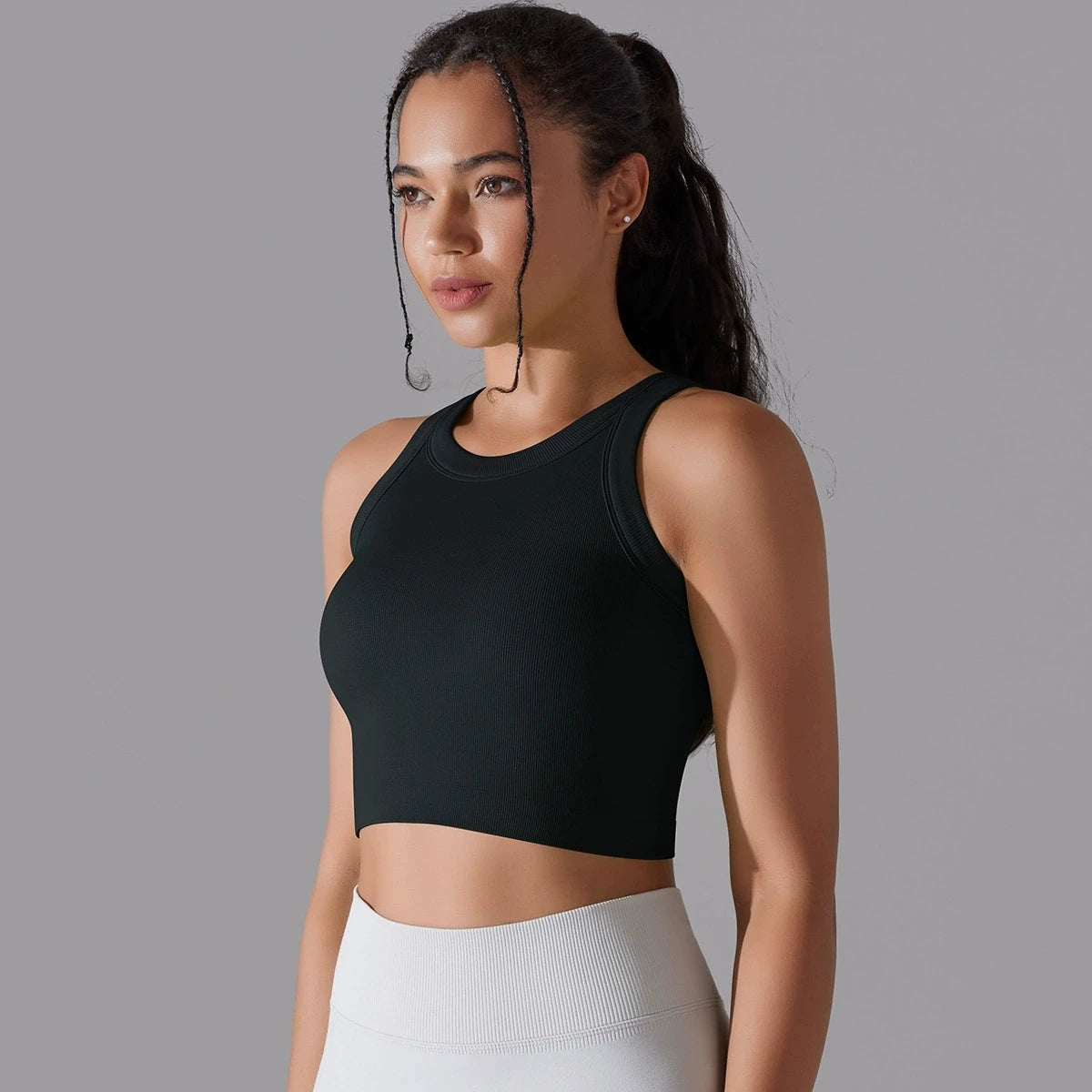 Black seamless sports vest for women with a comfortable fit and stylish design for activewear