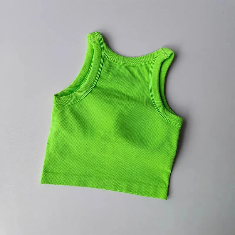 Bright green seamless sports vest for women, ideal for workouts and casual wear