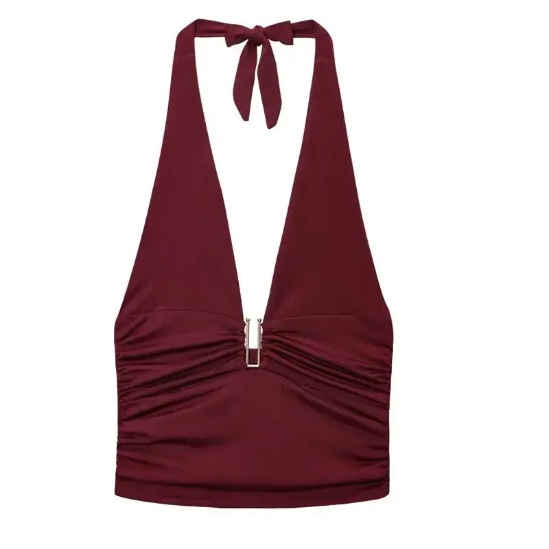 Burgundy pleated off shoulder crop top with halter neck tie and ruched front detailing