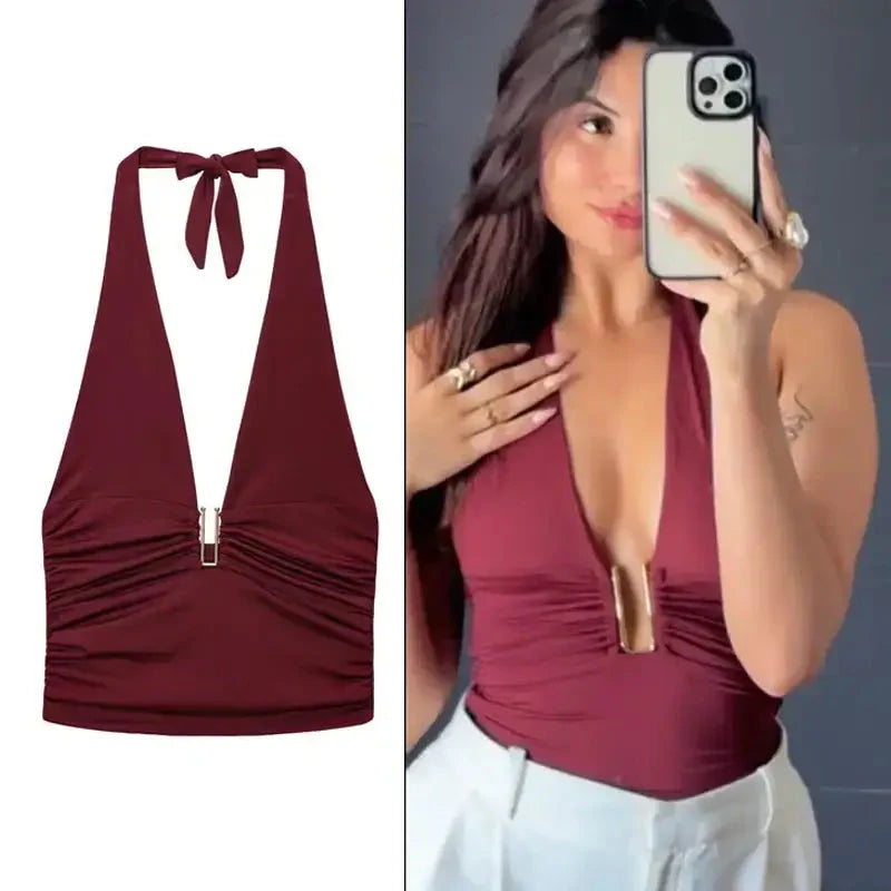 Burgundy pleated off shoulder crop top with deep V neckline and halter tie from The Lady's Haven Boutique