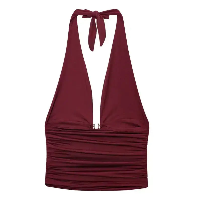 The Lady's Haven Boutique burgundy pleated off shoulder crop top with halter neck and ruched design