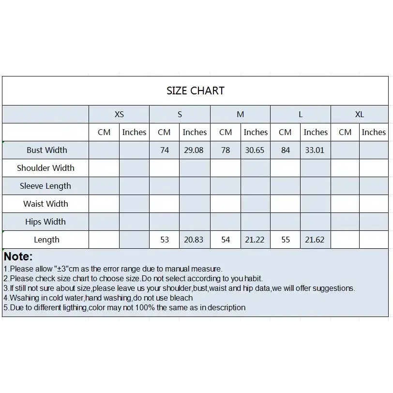 Size chart for pleated off shoulder crop top with bust, length measurements in cm and inches