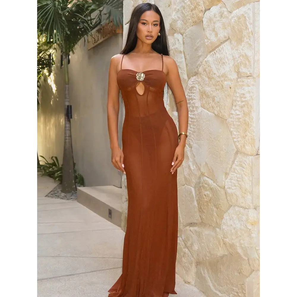 Mozision See Through Spaghetti Strap Sexy Maxi Dress For Women Gown Summer New Metal Buckle Sleeveless Backless Beach