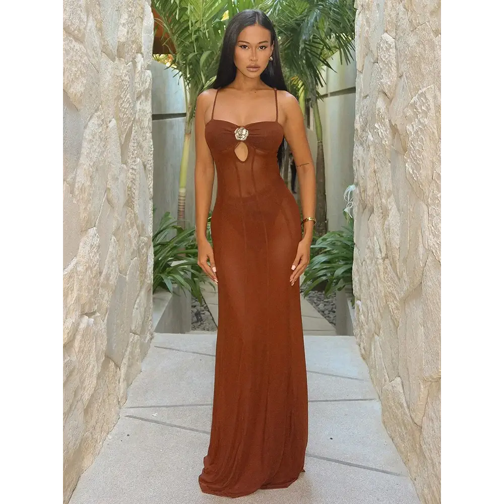 Mozision See Through Spaghetti Strap Sexy Maxi Dress For Women Gown Summer New Metal Buckle Sleeveless Backless Beach