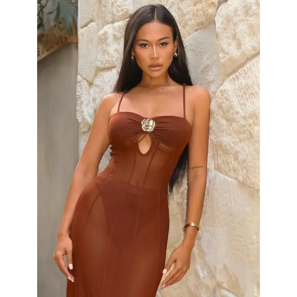 Mozision See Through Spaghetti Strap Sexy Maxi Dress For Women Gown Summer New Metal Buckle Sleeveless Backless Beach