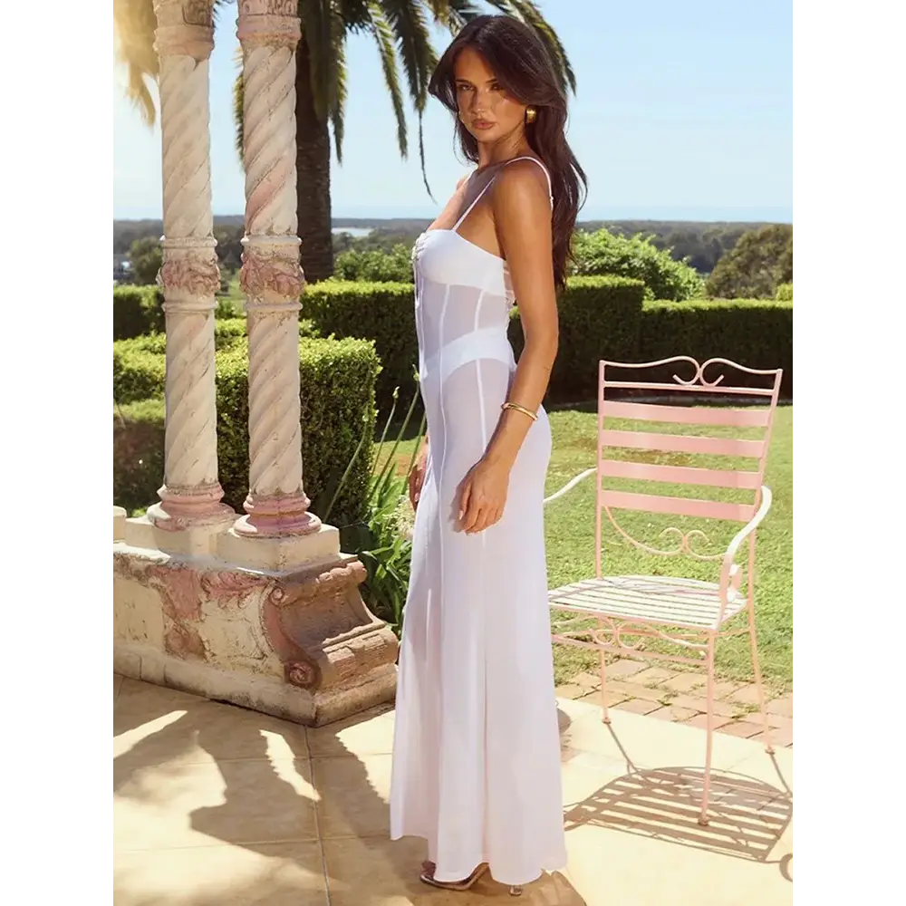 Mozision See Through Spaghetti Strap Sexy Maxi Dress For Women Gown Summer New Metal Buckle Sleeveless Backless Beach