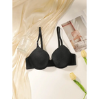 Black sequin lingerie bra with steel ring featuring adjustable straps displayed on fabric backdrop