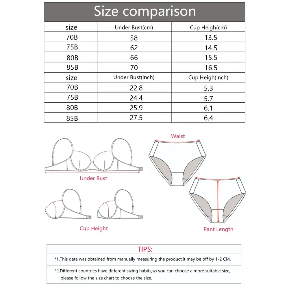 Size comparison chart for sequin lingerie bra with steel ring showing under bust and cup height measurements in cm and inches