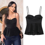 Black sexy bow backless slip top with spaghetti straps and peplum hem shown on model and flat lay