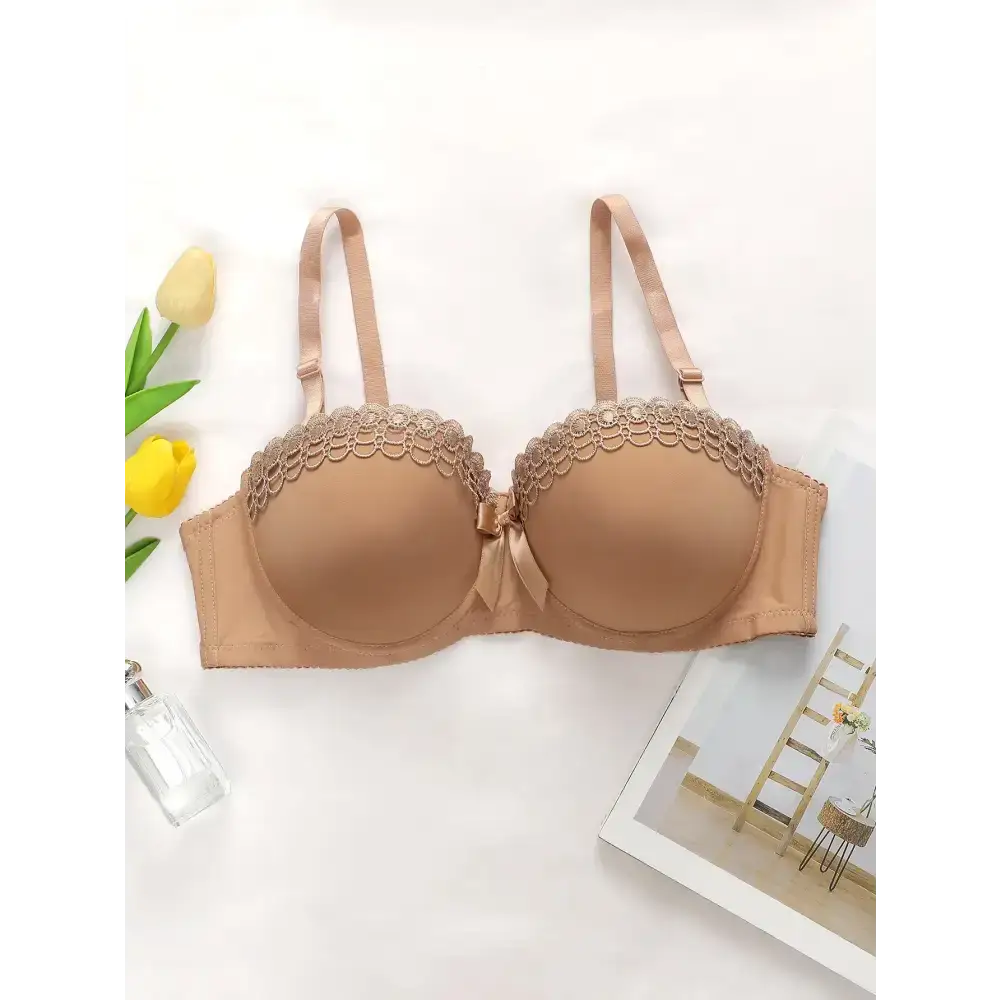 Nude sexy embroidered flower bra with scalloped lace trim and adjustable straps from The Lady's Haven Boutique
