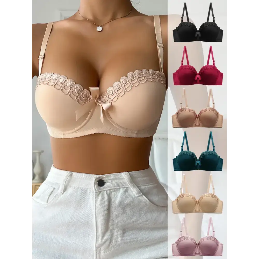 Sexy embroidered flower bra in nude worn with white pants and additional color options from The Lady's Haven Boutique