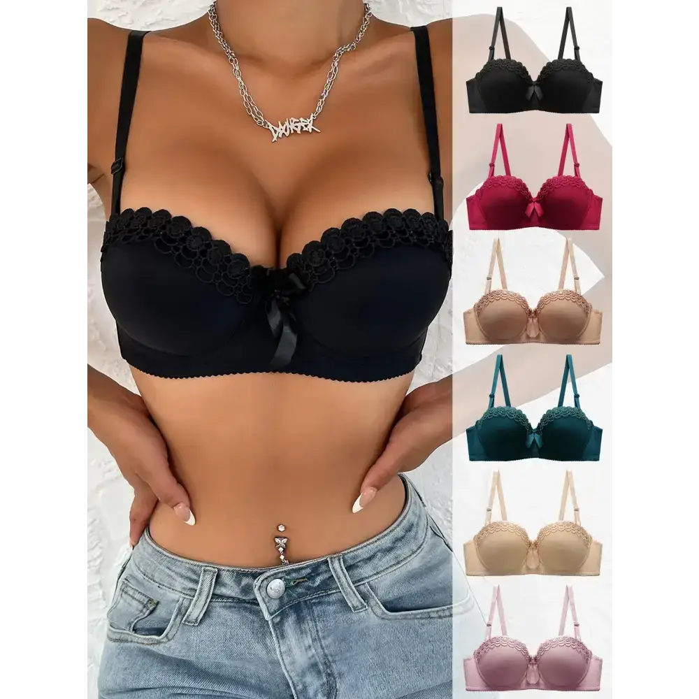 Sexy embroidered flower bra in black worn by model and shown in multiple colors from The Lady's Haven Boutique