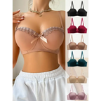 Sexy embroidered flower bra in nude worn by model with options in black red beige teal and pink colors