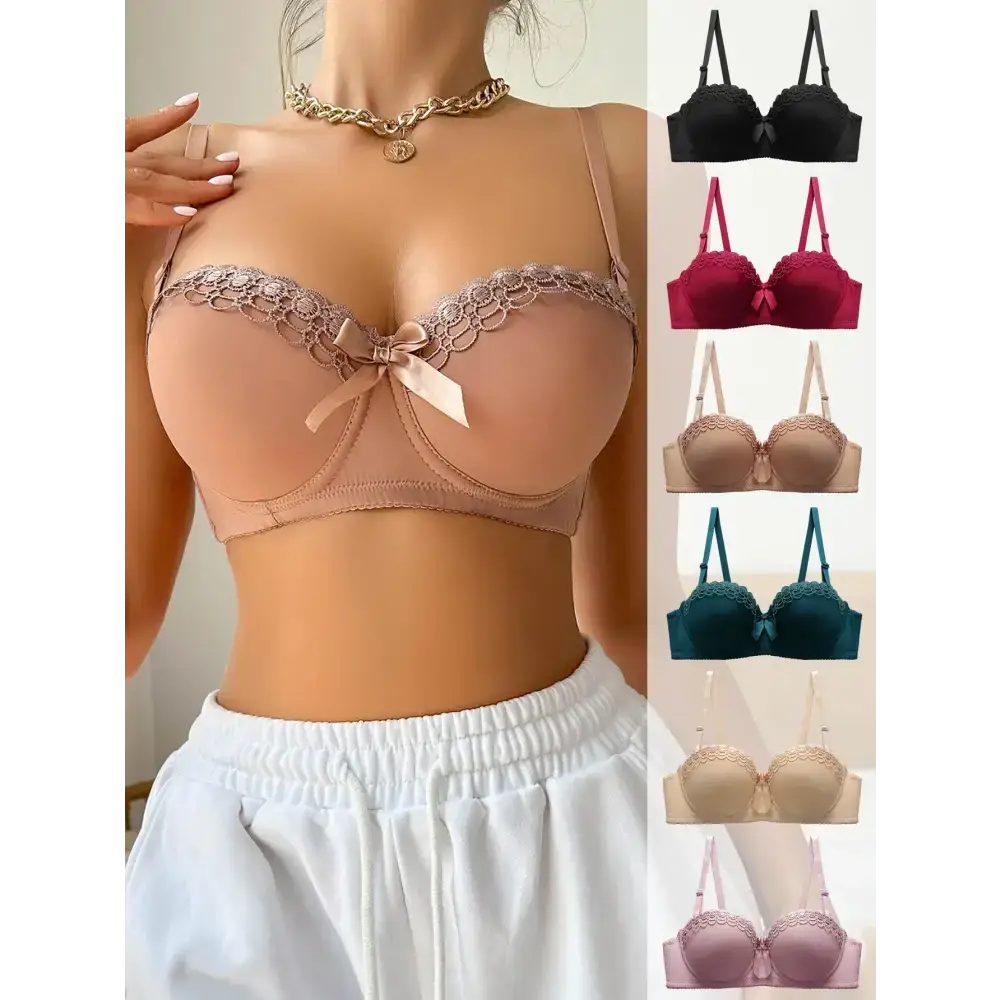 Sexy embroidered flower bra in nude worn by model with options in black red beige teal and pink colors