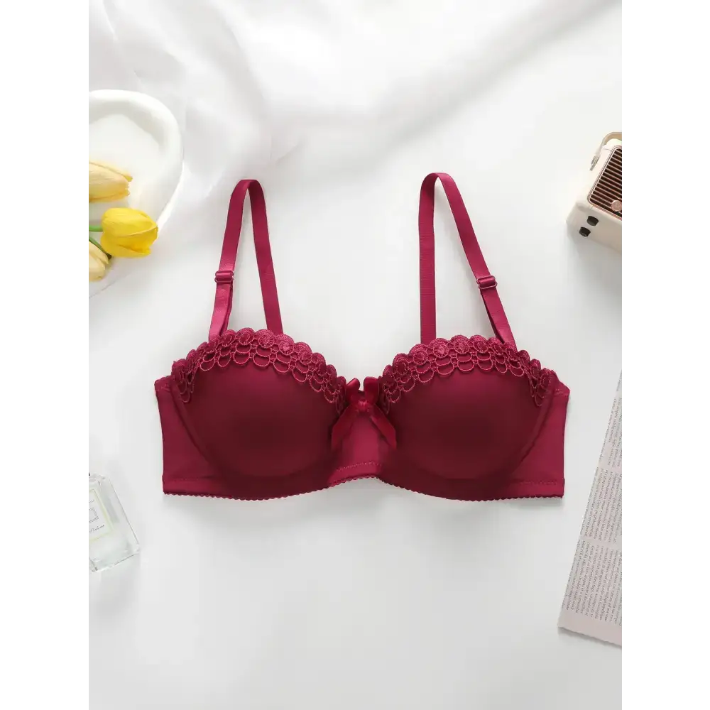 Sexy embroidered flower bra in deep red with adjustable straps and floral lace detailing