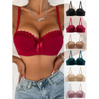 Sexy embroidered flower bra in multiple colors including red, black, beige, teal, and pink displayed on model and separately