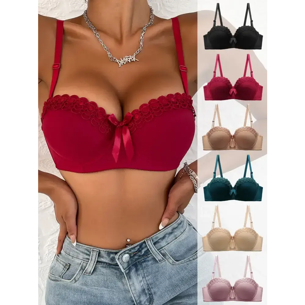 Sexy embroidered flower bra in multiple colors including red, black, beige, teal, and pink displayed on model and separately