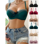 Sexy embroidered flower bra in green worn with denim shorts and matching bras in multiple colors