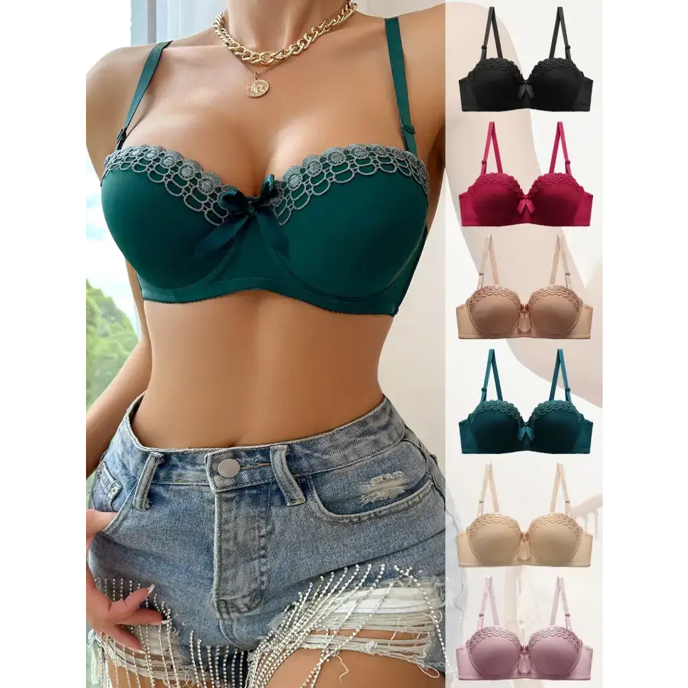 Sexy embroidered flower bra in green worn with denim shorts and matching bras in multiple colors