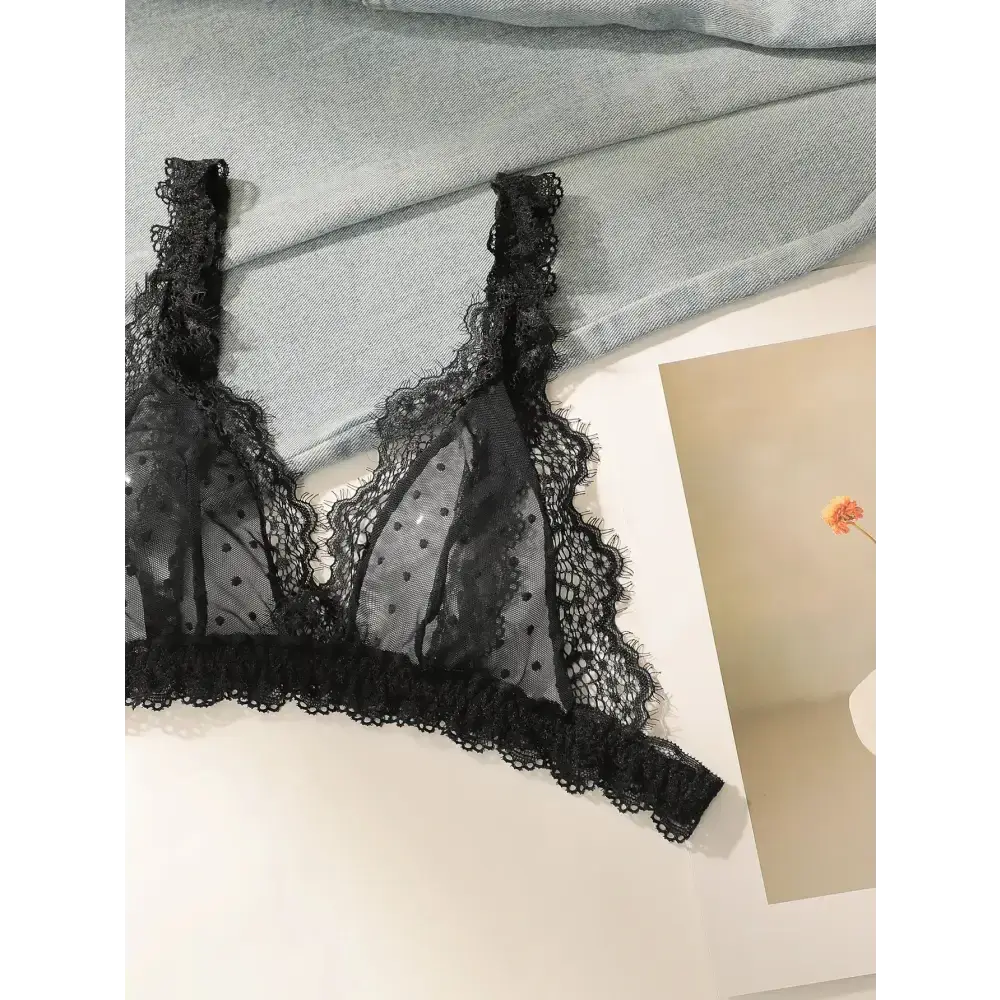 Black sexy embroidered lace lingerie set bralette with floral and polka dot design from The Lady's Haven Boutique