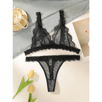 Sexy embroidered lace lingerie set in black with delicate lace and polka dot details