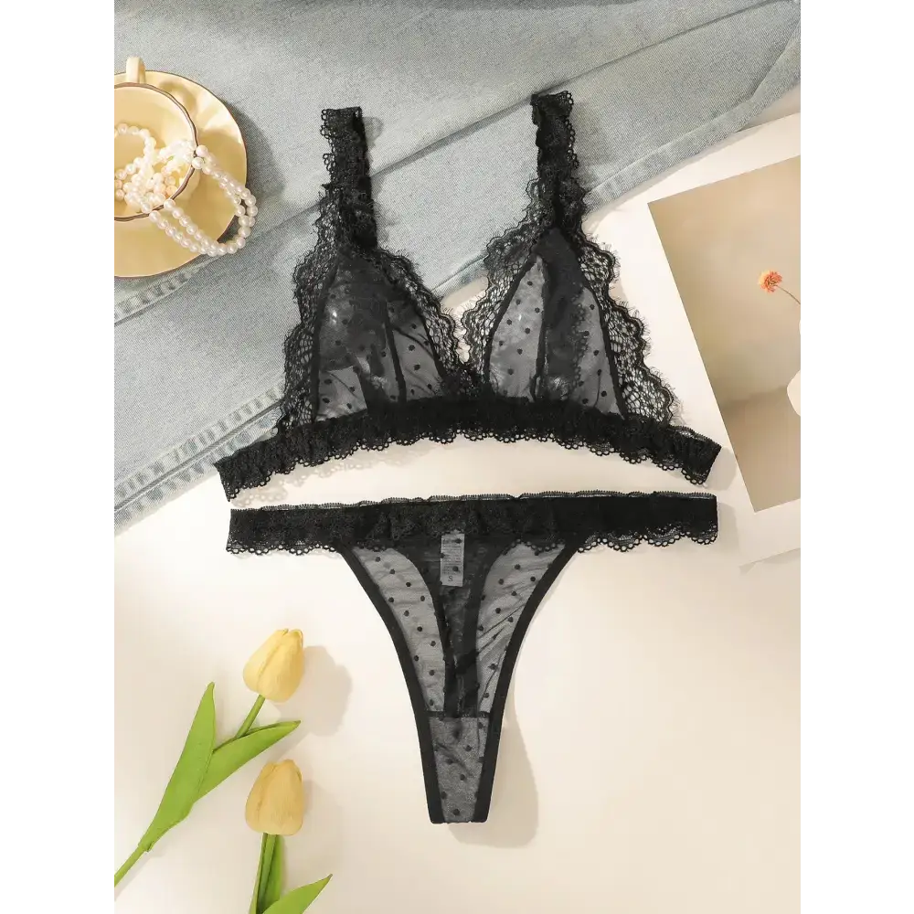 Sexy embroidered lace lingerie set in black with delicate lace and polka dot details
