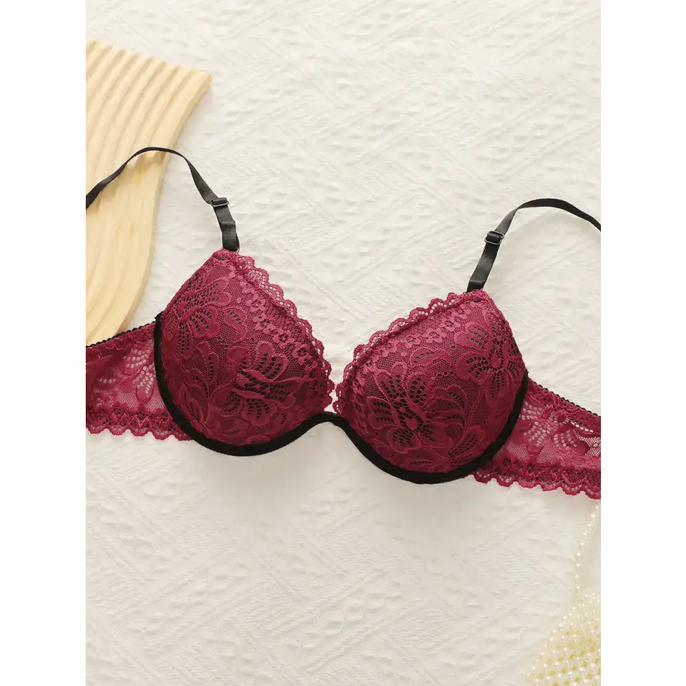 Sexy embroidered lace lingerie set bra in deep red with black adjustable straps from The Lady's Haven Boutique