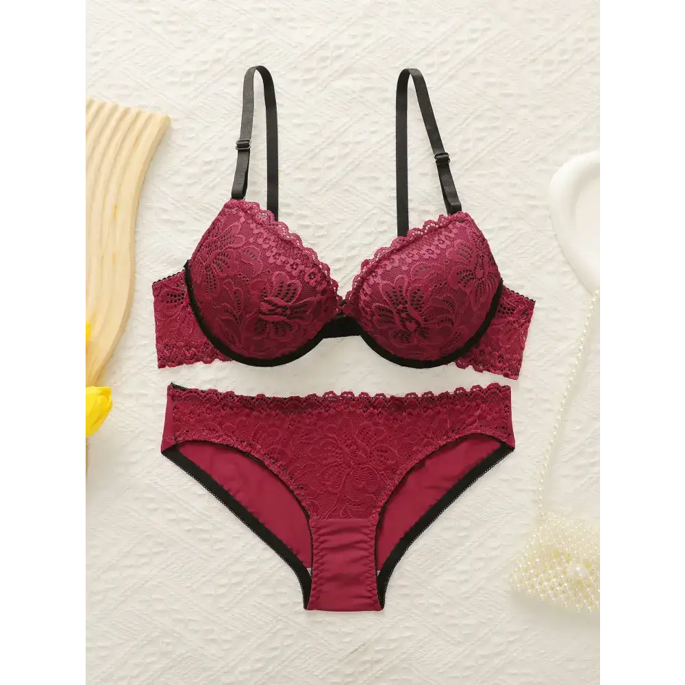 Sexy embroidered lace lingerie set in deep red with black accents from The Lady's Haven Boutique