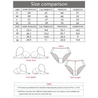 Size chart for sexy embroidered lace lingerie set with measurements for bust, cup height, waist, and pant length