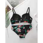 Sexy floral bra and panty set in black with red and white flowers from The Lady's Haven Boutique