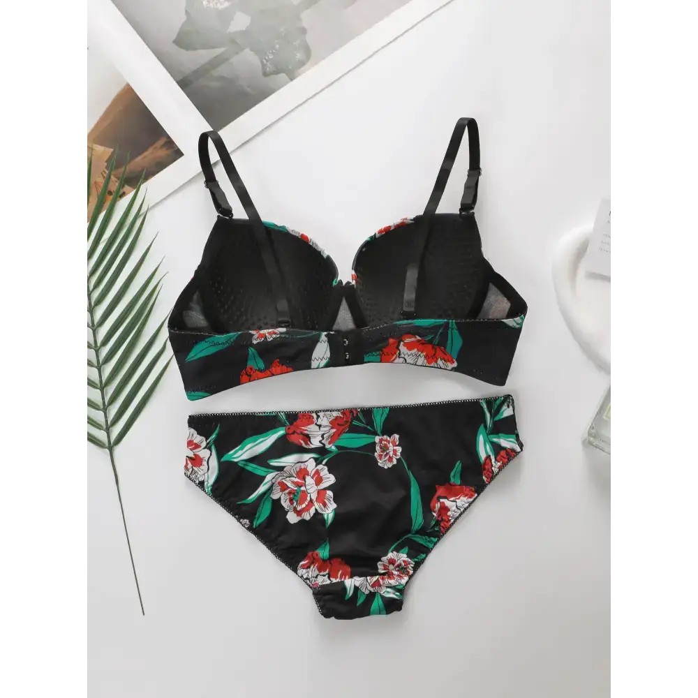 Sexy floral bra and panty set in black with red and white flowers from The Lady's Haven Boutique