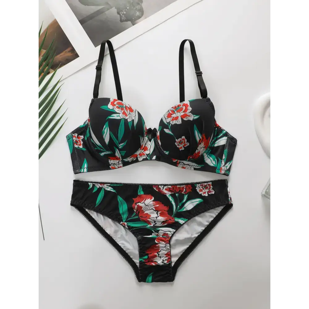 Sexy floral bra and panty set in black with red and green flower prints from The Lady's Haven Boutique