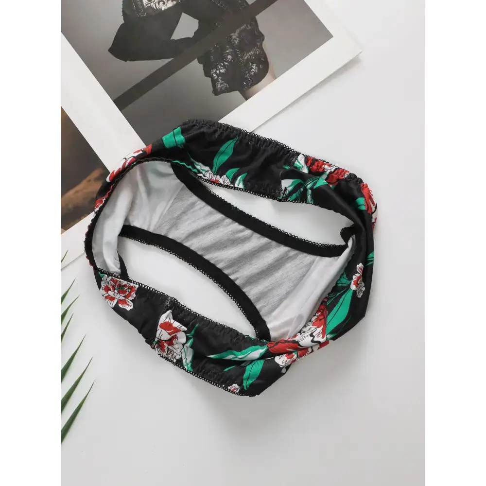 Sexy floral bra and panty set black floral panties with green leaves and red flowers