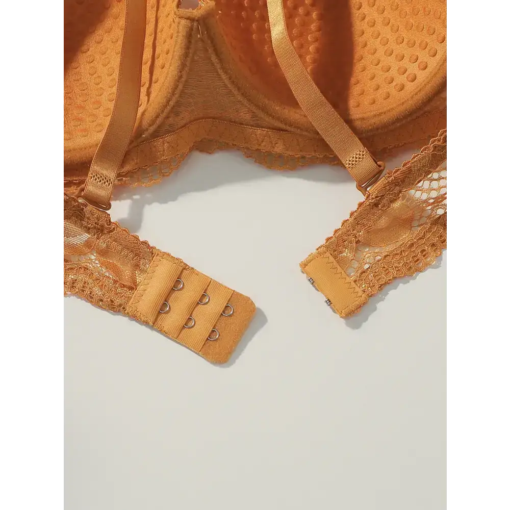 Close-up of adjustable back hooks and lace detailing on a sexy lace bra and panty set in tan color