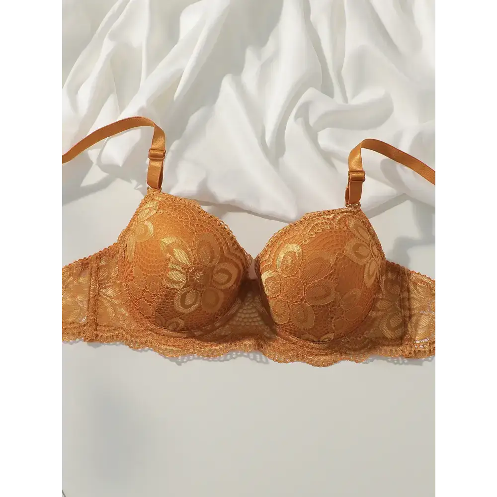 Sexy lace bra and panty set in warm tan color with floral lace detailing