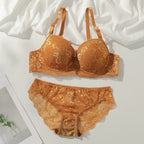 Sexy lace bra and panty set in warm tan color with floral lace pattern and adjustable straps
