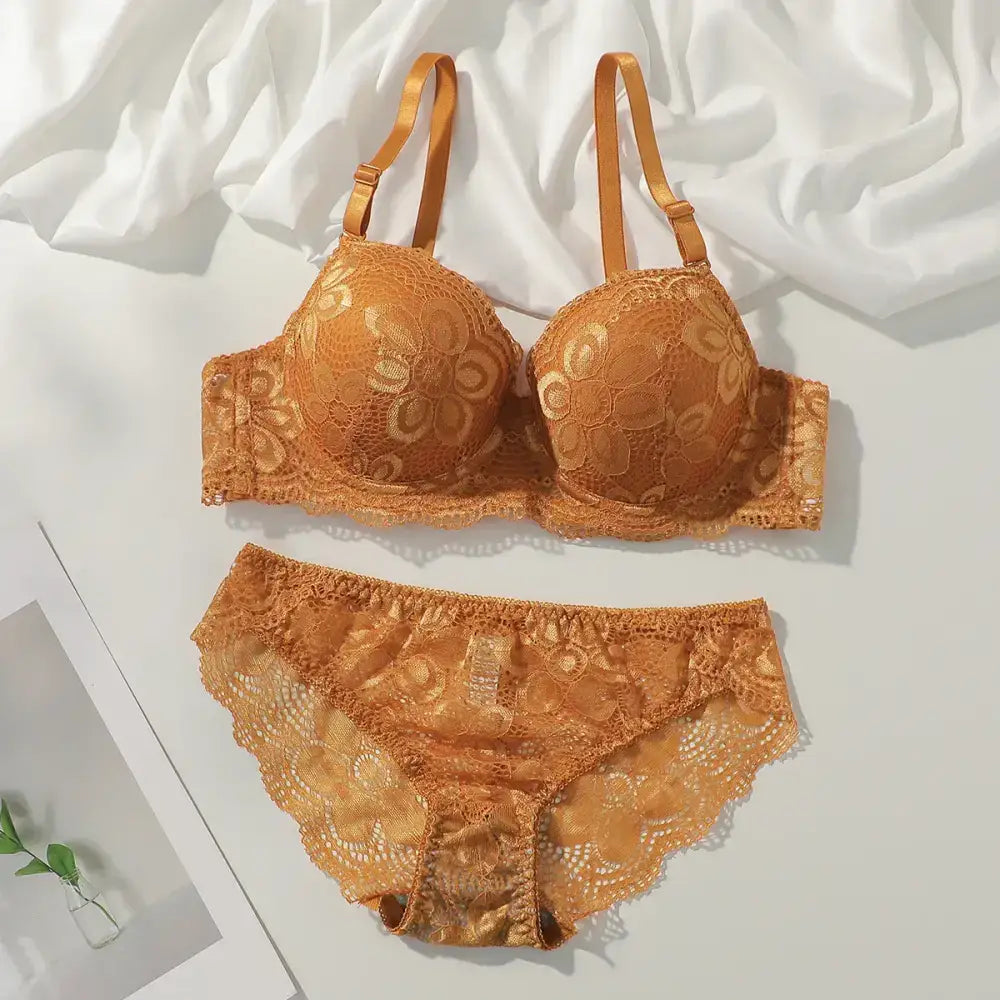 Sexy lace bra and panty set in warm tan color with floral lace pattern and adjustable straps