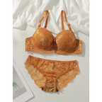 Sexy lace bra and panty set in golden brown with floral lace design and adjustable straps