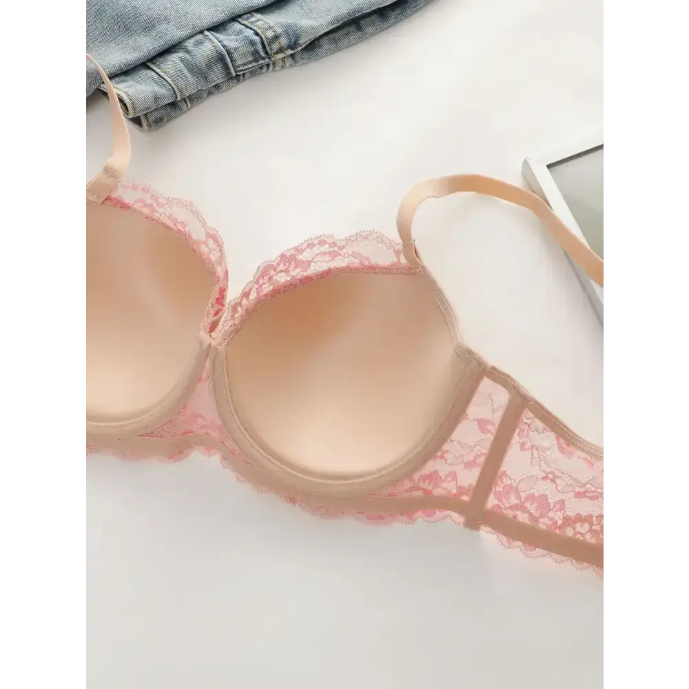 Beige and pink sexy lace lingerie set with delicate floral lace detailing by The Lady's Haven Boutique