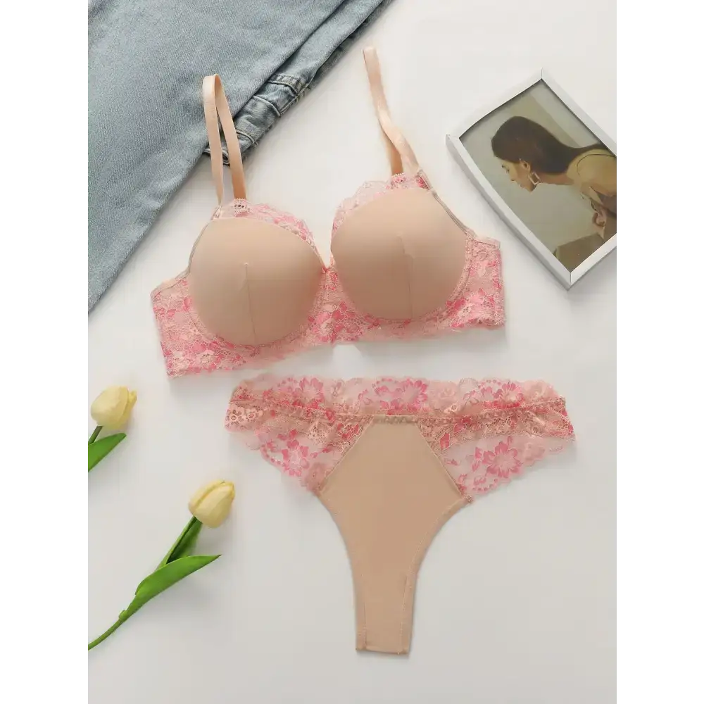 Sexy lace lingerie set in nude and pink with floral lace details from The Lady's Haven Boutique
