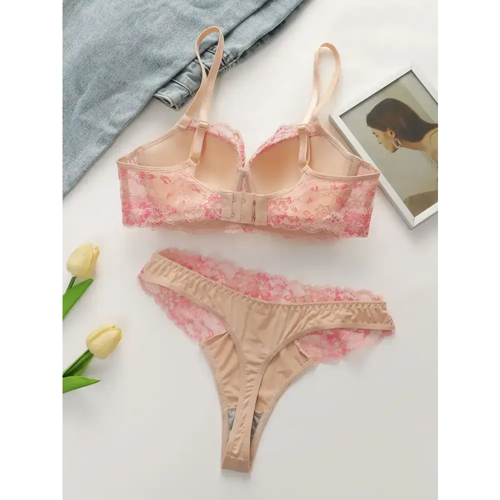 Sexy lace lingerie set in beige and pink with floral lace details from The Lady's Haven Boutique