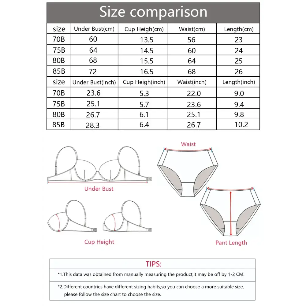 Size comparison chart and measurement guide for sexy lace lingerie set including under bust, cup height, waist, and pant length