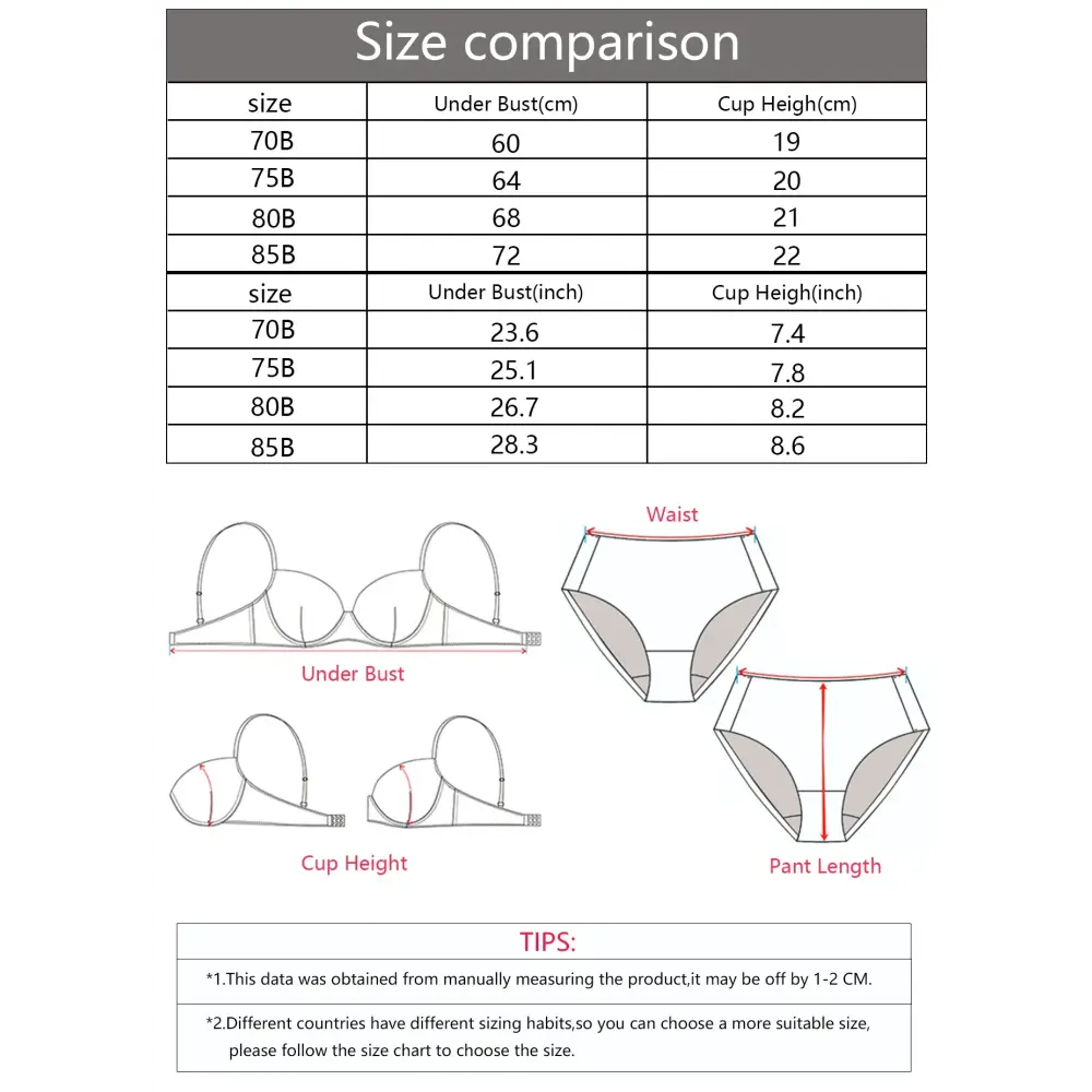 Size comparison chart and measurement guide for sexy lingerie black bra from The Lady's Haven Boutique