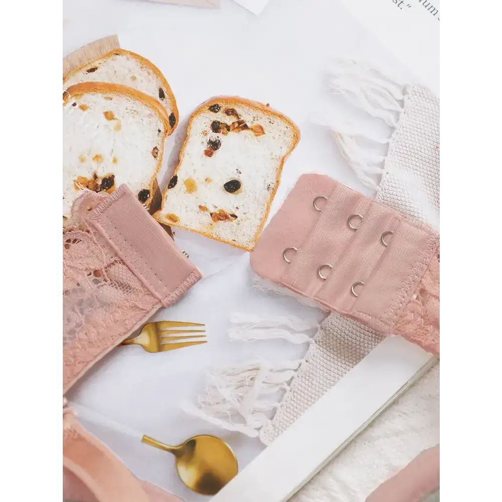 Pink sexy lingerie embroidered lace bra with hooks laid next to raisin bread slices on white fabric