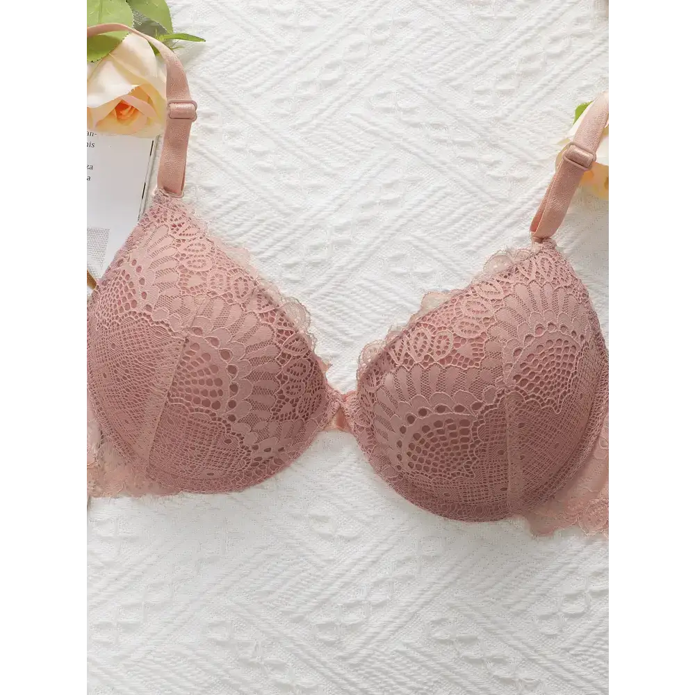 The Lady's Haven Boutique sexy lingerie embroidered lace bra in soft pink with intricate floral design