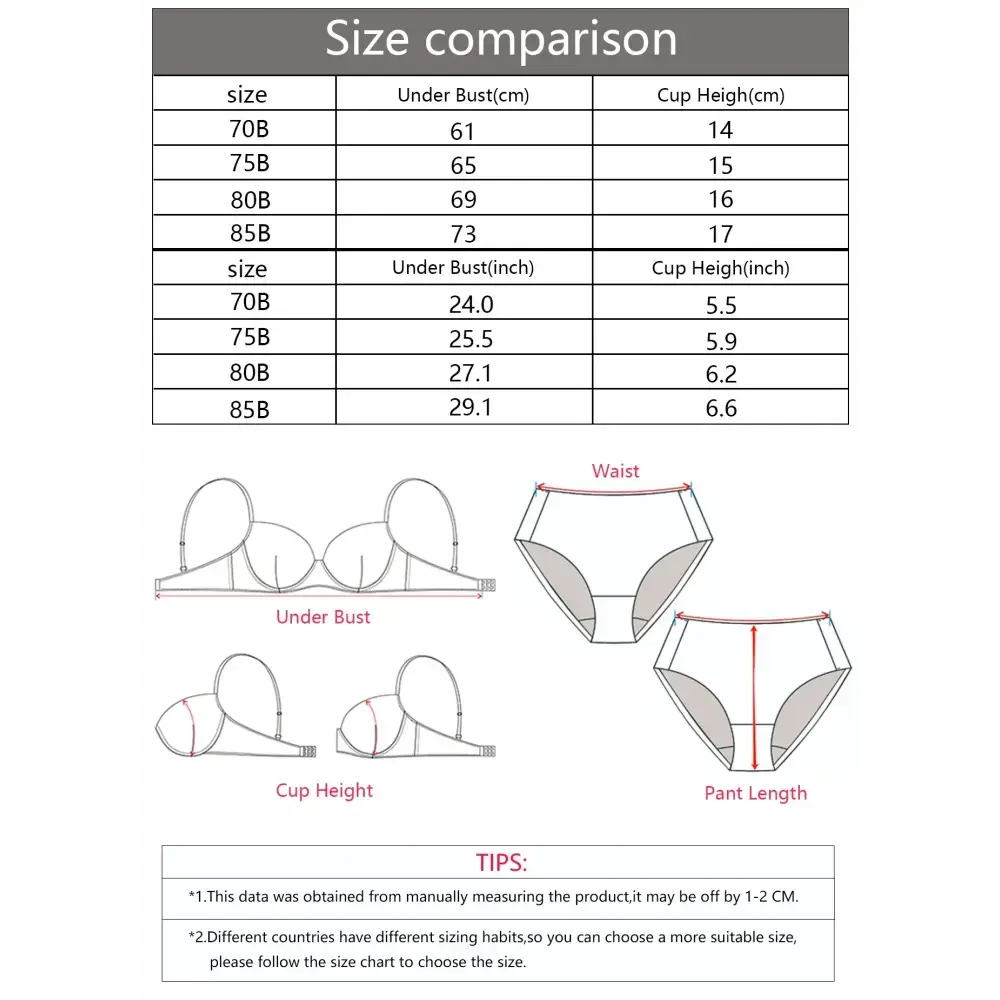 Size chart for sexy lingerie embroidered lace bra showing under bust and cup height measurements in cm and inches
